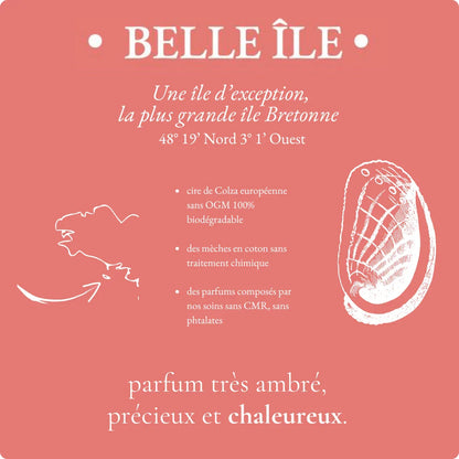 Informations sur la composition de la bougie Belle-île et son parfum très ambré, précieux et chaleureux