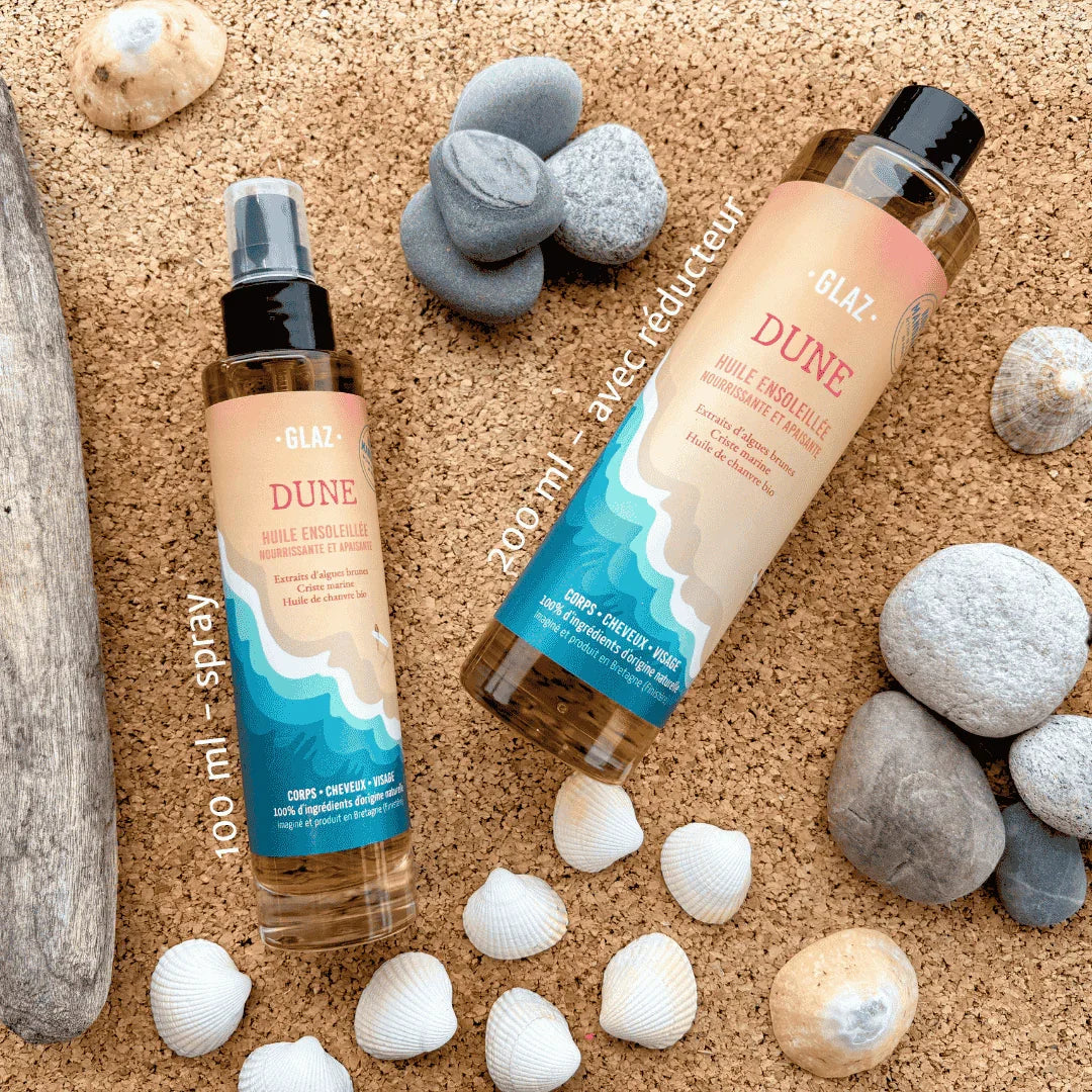 L'huile sèche dune en flacon 100ml avec un spray ou en 200ml avec un bouchon réducteur