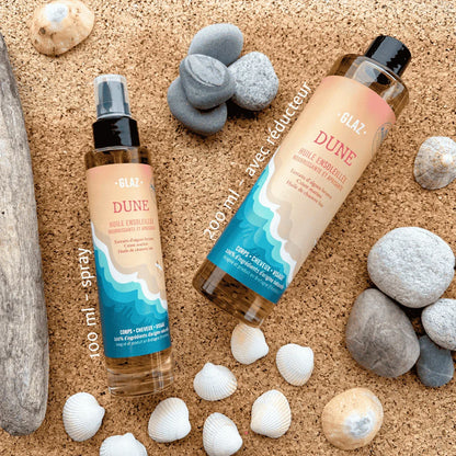 L'huile sèche dune en flacon 100ml avec un spray ou en 200ml avec un bouchon réducteur
