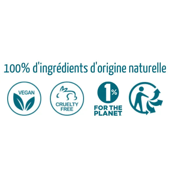 100% d'origine naturelle vegan cruelty free 1% pour la planète 