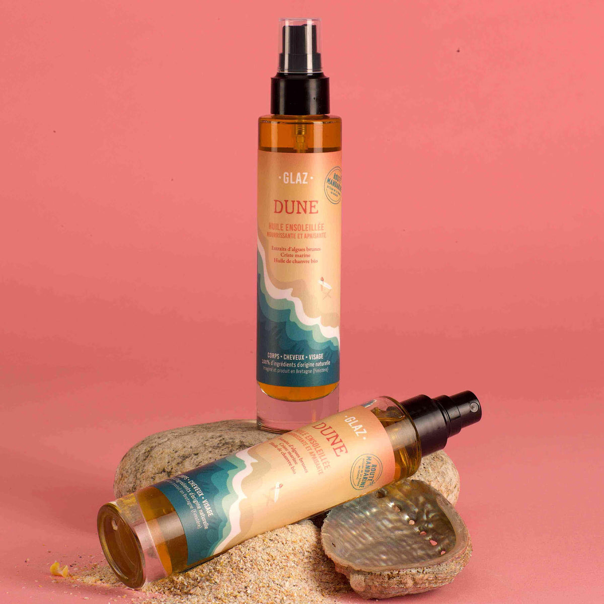 Huile sèche corps et cheveux imaginée et produite en Bretagne. Aux ingrédients Bretons  et marins pour nourrir, hydrater et apaiser la peau.