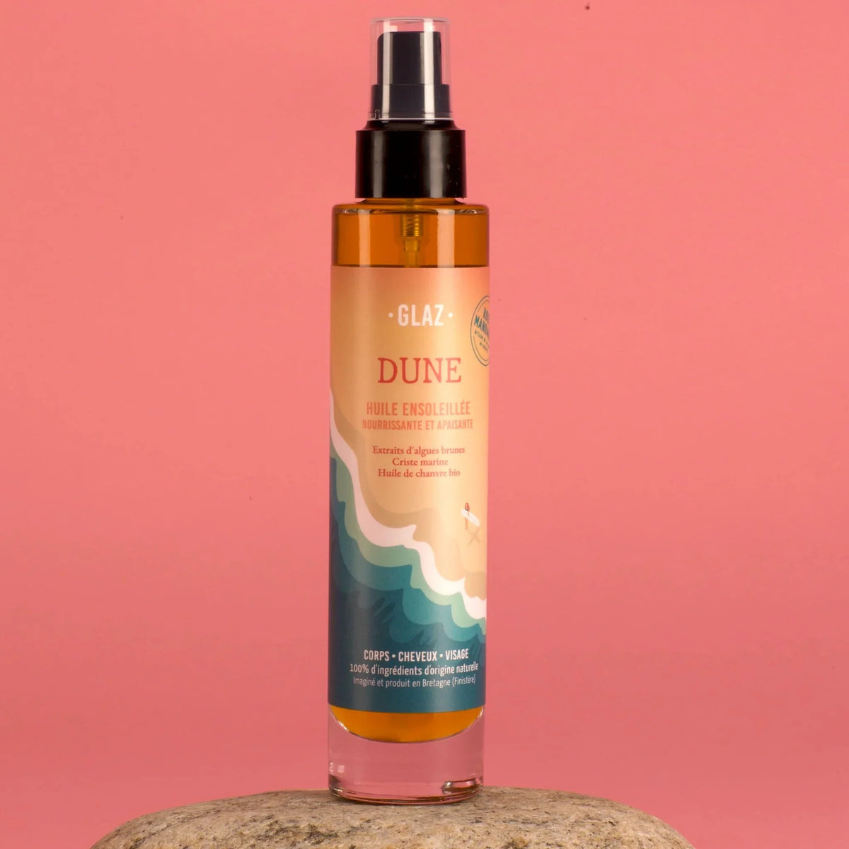 Huile sèche corps, cheveux et visage. Aux ingrédients Bretons et marins pour nourrir, hydrater et apaiser la peau. Un après-soleil parfait