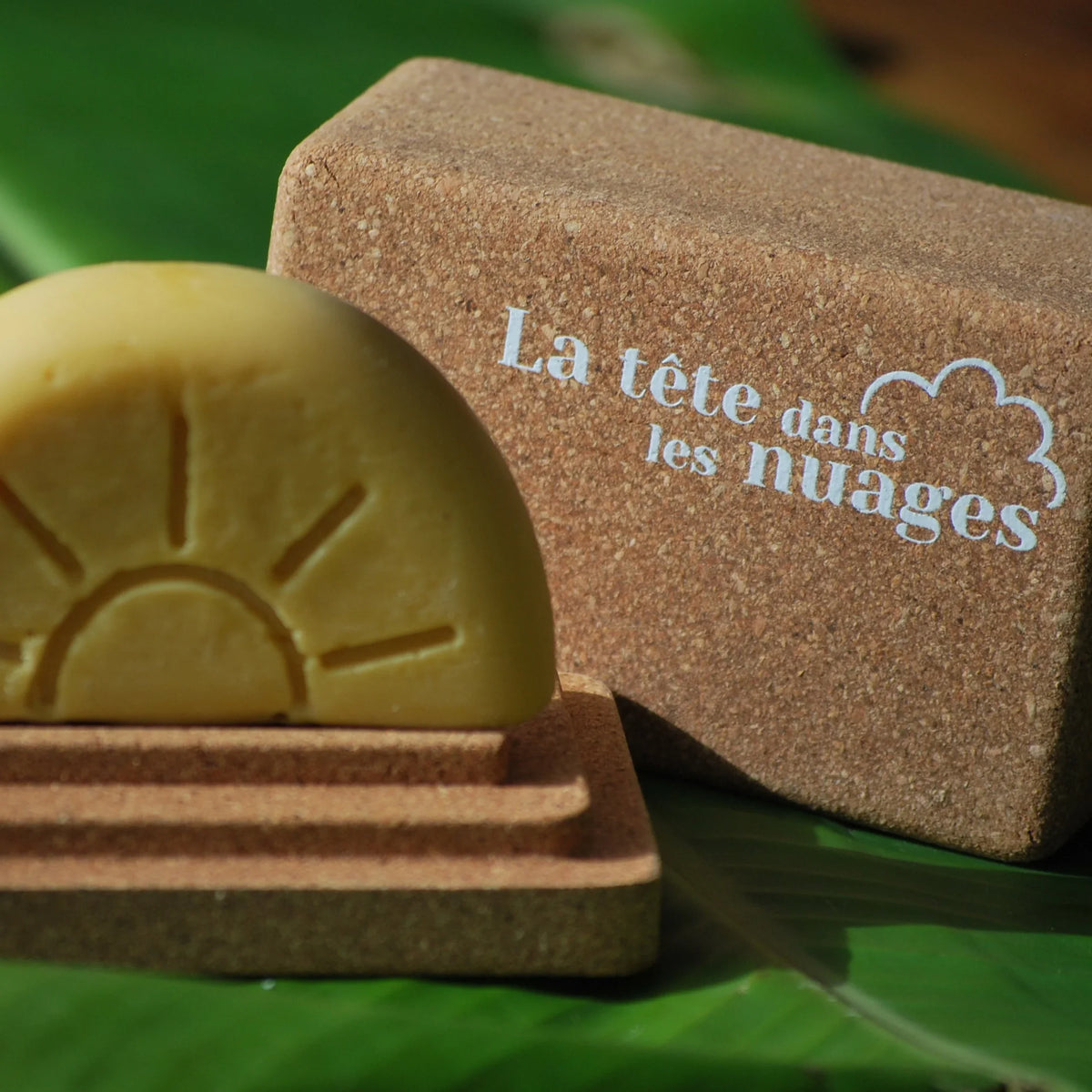 L'après-shampoing Alba sur la partie inférieure de la boite de transport et porte savon en liège pour solides rectangulaires